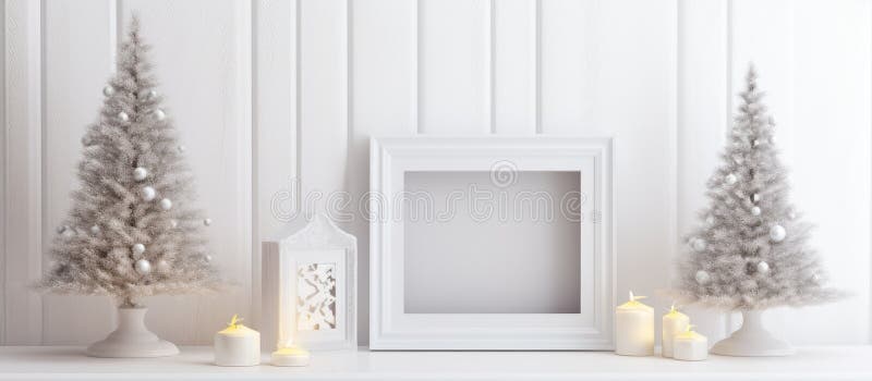Cadru de imagine din dreptunghi din lemn cu pomi de Crăciun și lumânări pe mantaua stock photos