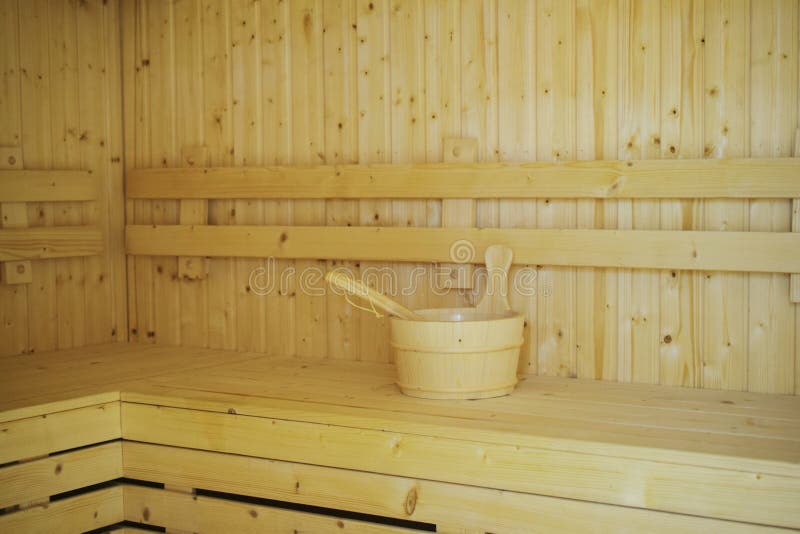 Wooden Sauna Bucket Accessories Interior of Sauna Spa Stock Image