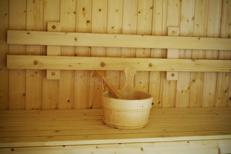 Wooden Sauna Bucket Accessories Interior of Sauna Spa Stock Photo