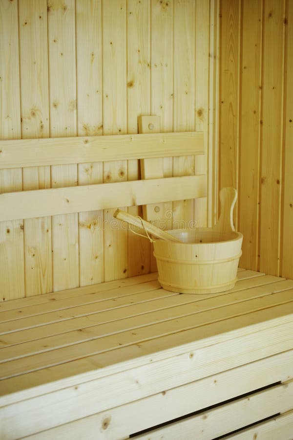 Wooden Sauna Bucket Accessories Interior of Sauna Spa Stock Image