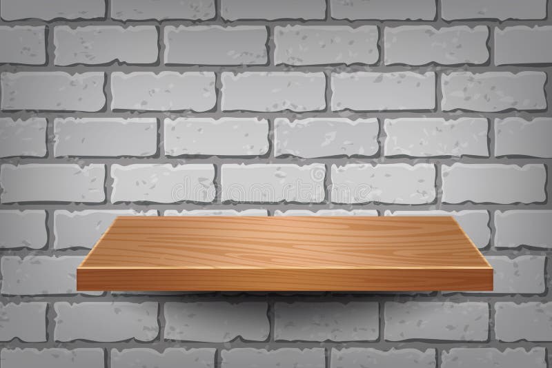 Wooden Shelf on Brick Wall Background. Stock Vector Illustration of