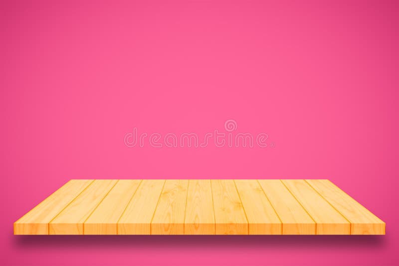 Wooden Shelf on Pink Gradient Wall Background. Stock Photo Image of