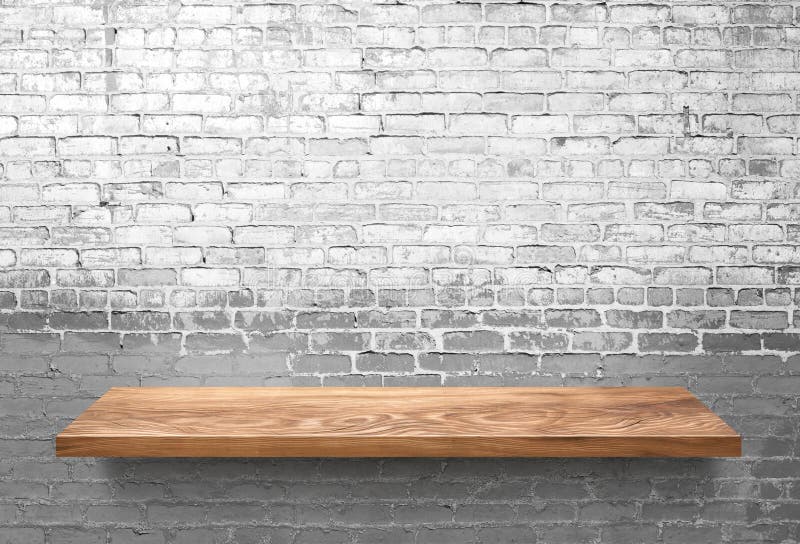 Wooden Shelf on White Brick Wall Stock Image Image of advertising, brick 63628729