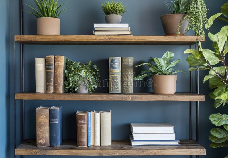 Rustic Wooden Shelves with Antique Books and Potted Plants Against a Teal Wall stock illustration