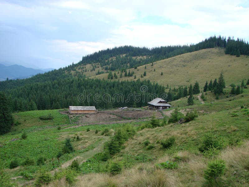 Wooden shepherd house in a mountains. Traditional small hut in Carpathian mountains on green meadow called Polonyna or montane royalty free stock photo Wooden shepherd house in a mountains. Traditional small hut in Carpathian mountains on green meadow called Polonyna or montane royalty free stock photo