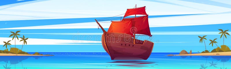 Wooden ship with red sails floating at seascape