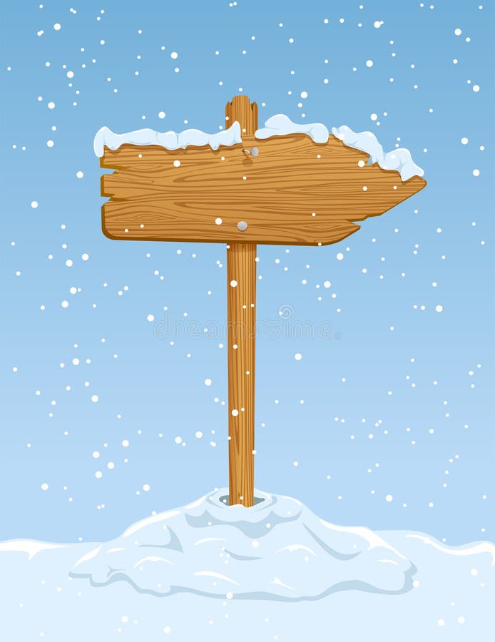 Wooden sign with falling snow