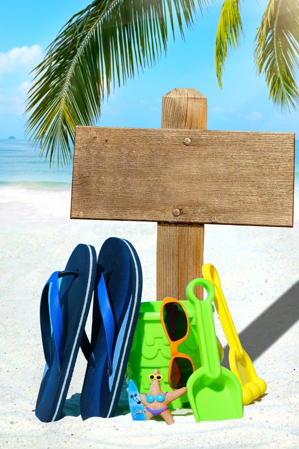 Wooden Signboard and Flip Flops Stock Photo - Image of card, flop: 58091704