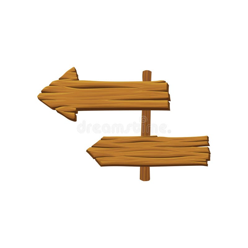 Wooden signpost with arrows. Brown boards with natural texture. Stake direction signs. Organic material. Graphic element