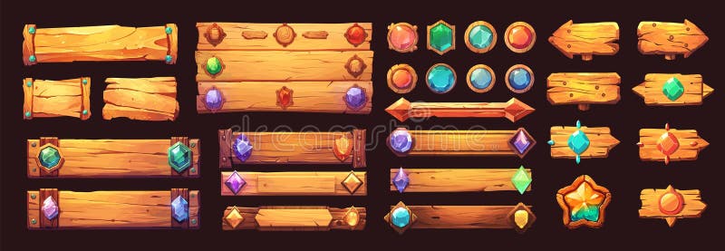 Wooden signs ui cartoon set. sign game interface, stones buttons crystal pointer star menu vector illustration stock illustration