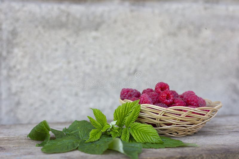 wooden small basket with raspberries on the table against a gray stone wall  green raspberry leaves
