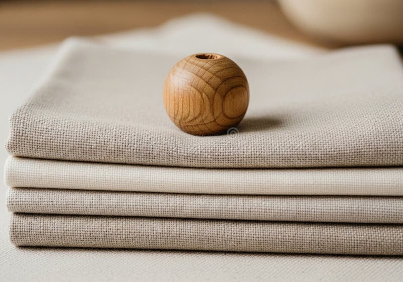A wooden sphere rests on a stack of folded beige linen napkins. The sphere\'s grain is vector illustration