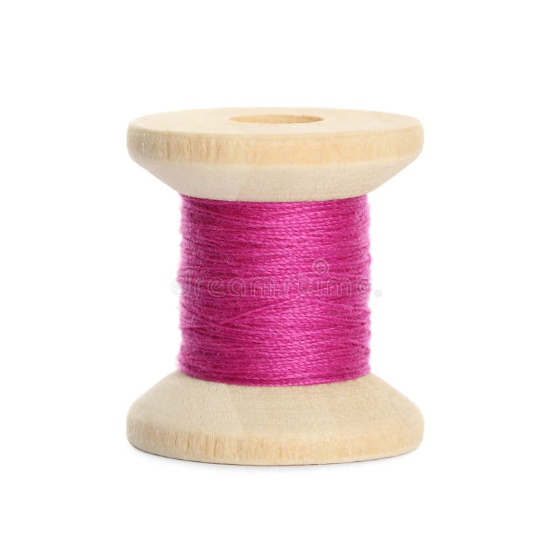 Wooden Spool of Bright Pink Sewing Thread Isolated on White Stock Image Image of color