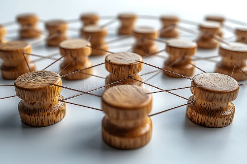 Wooden spools connected with strings representing network or interconnected ideas stock illustration