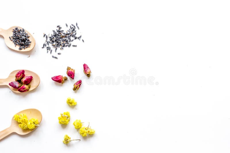 Download Wooden Spoons With Herbal Tea White Background Top View Mock-up Stock Photo - Image of smell ...