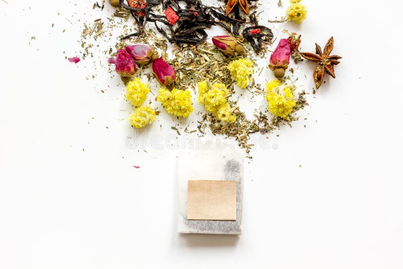 Download Wooden Spoons With Herbal Tea White Background Top View Mock-up Stock Photo - Image of teabag ...
