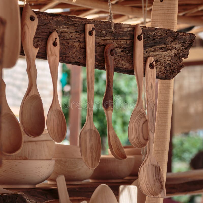 Wooden Spoons and Kitchen Accessories Exhibited in Outdoors Market