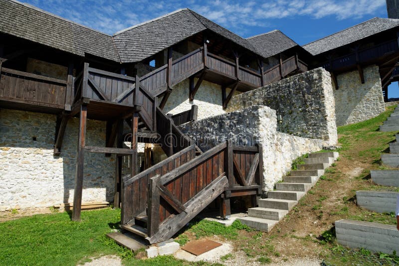 Wooden staircase and gallery in Celje medieval castle in Slovenia