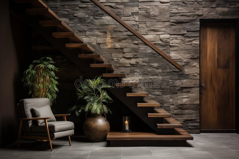 Wooden Staircase and Stone Cladding Wall in Rustic Hallway. AI Generate ...