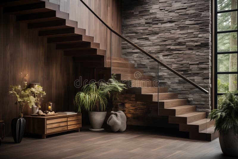 Wooden Staircase and Stone Cladding Wall in Rustic Hallway. AI Generate ...