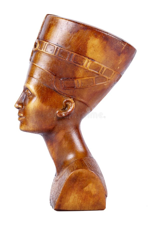 Wooden statue of pharaoh on a white background.