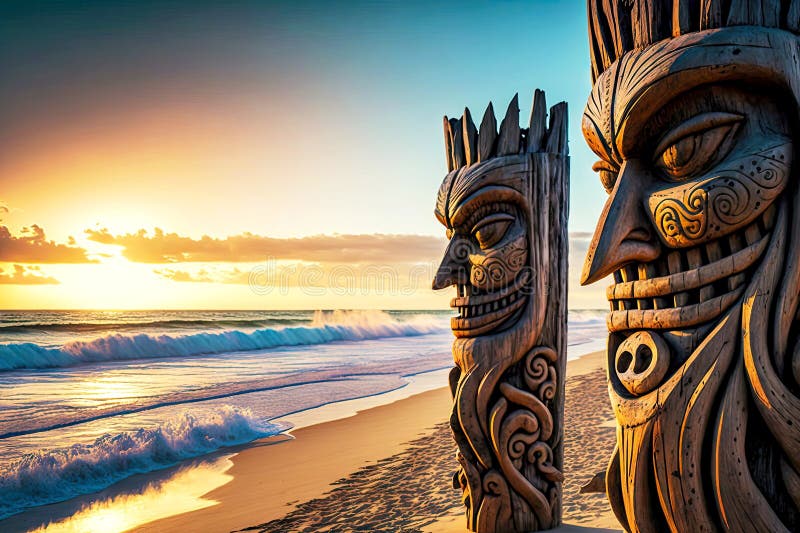 Wooden Statues Of Totems Idols Tiki Mask On Beach Stock Image Image 