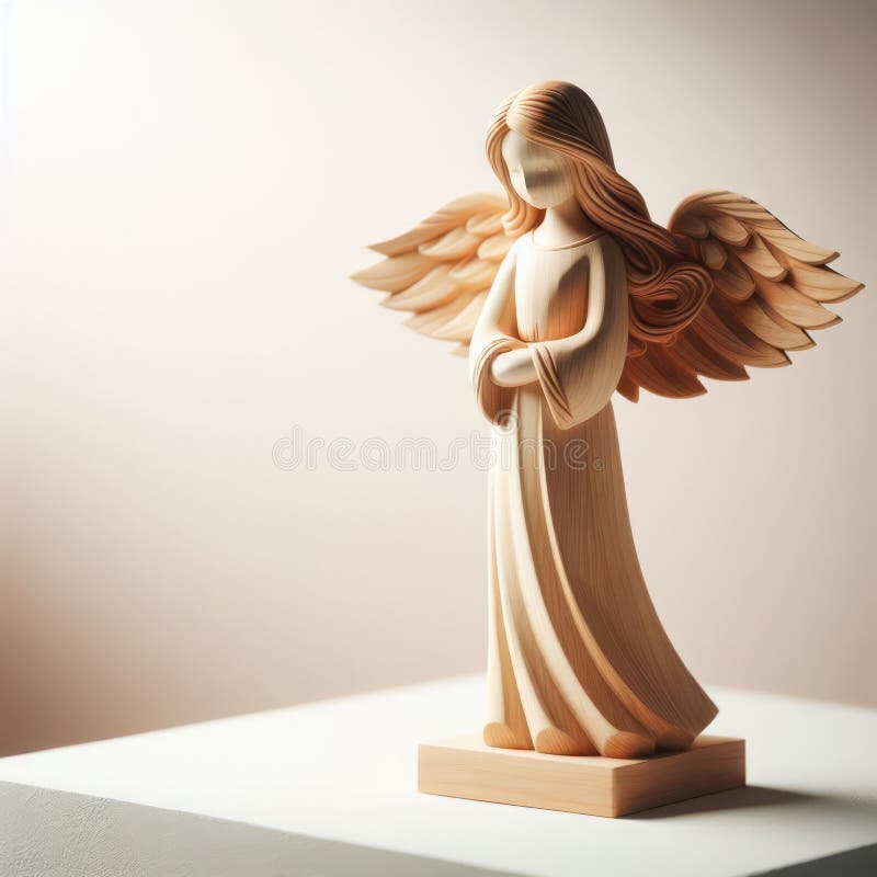 Wooden statuette of an angel on a clean background. Space for text.