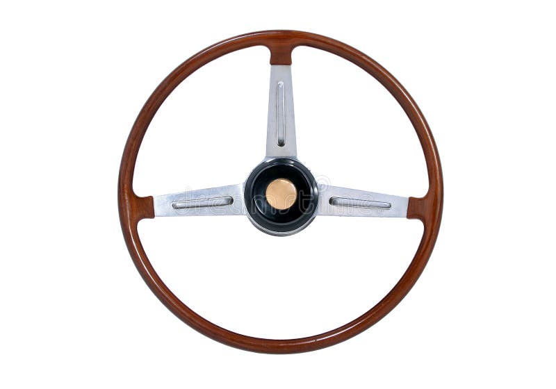 Classic wooden and aloy sports car steering wheel isolated on white royalty free stock images