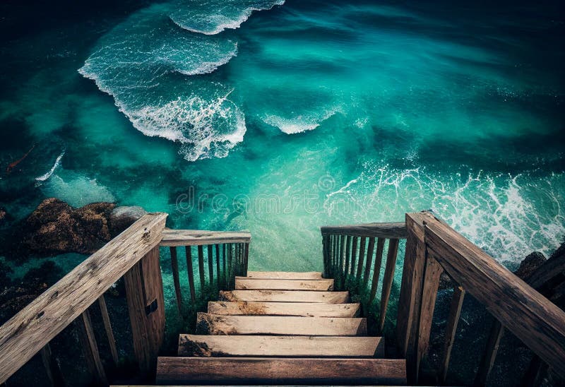 Wooden Steps Lead To Ocean. AI Generated Stock Illustration