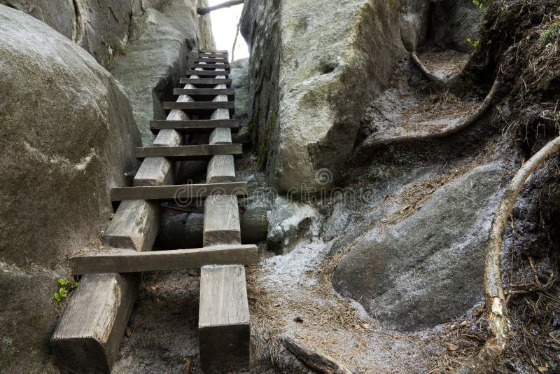 Wooden steps on rock face