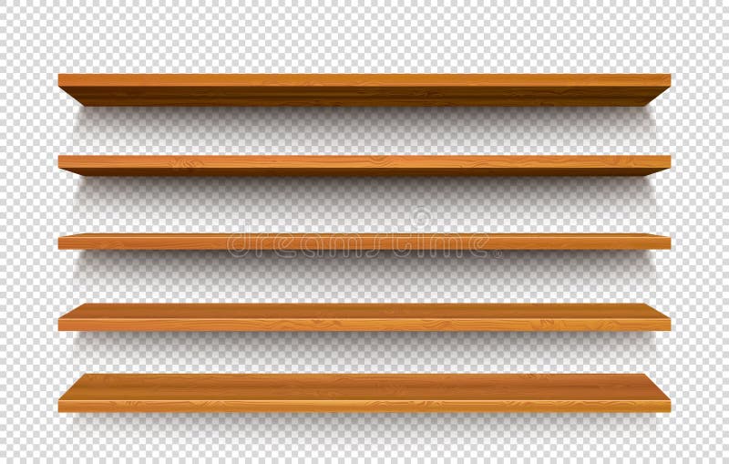 Wooden store shelf, realistic 3d vector wood rack vector illustration