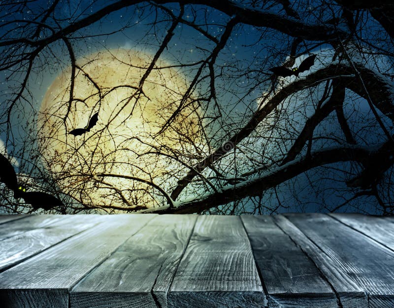 Surface and bats flying in night sky with full moon. Halloween illustration