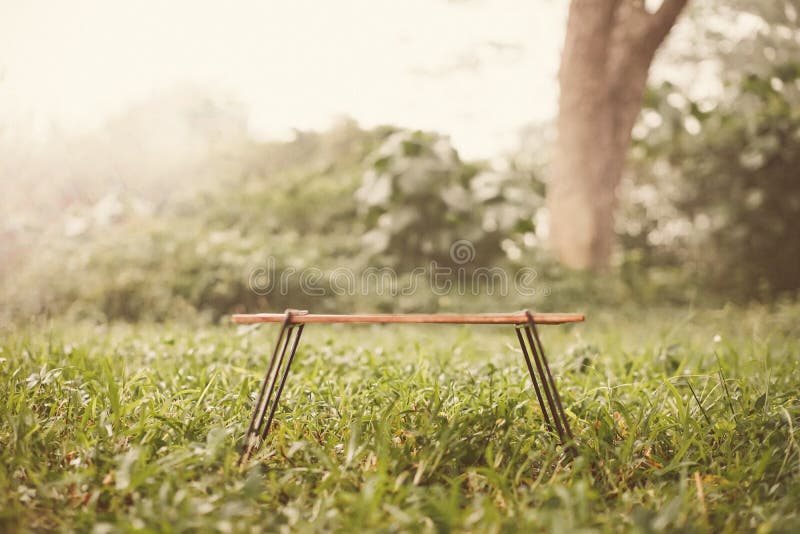 Wooden Table Aesthetic in a Green Grass Stock Image Image of nature