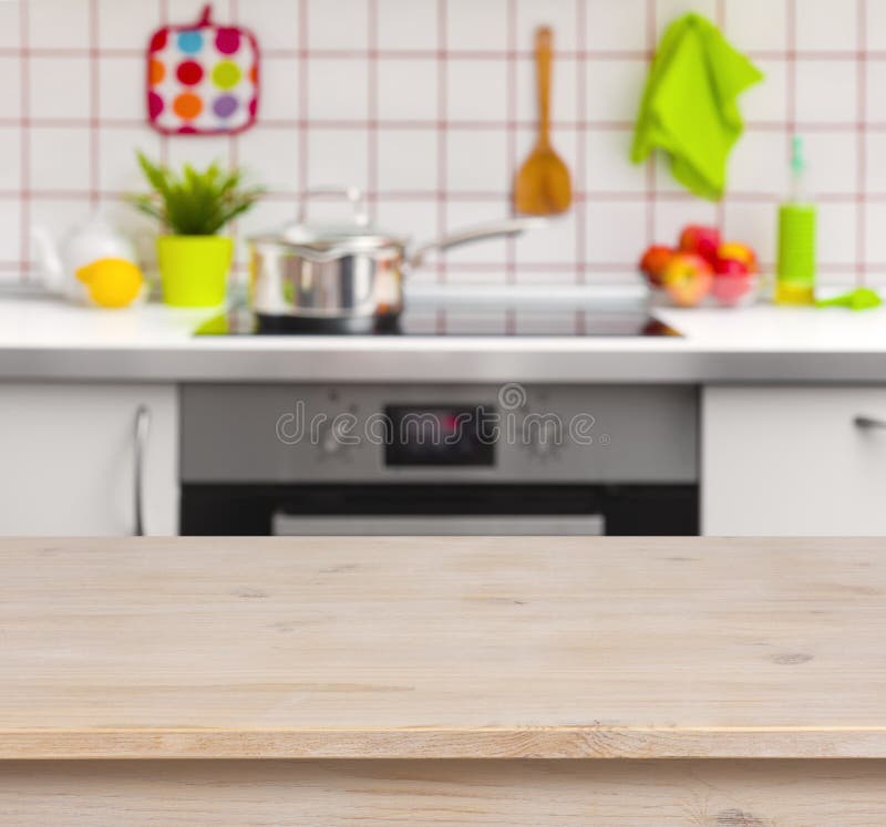 Wooden Table On Blurred Kitchen Bench Background Stock ...