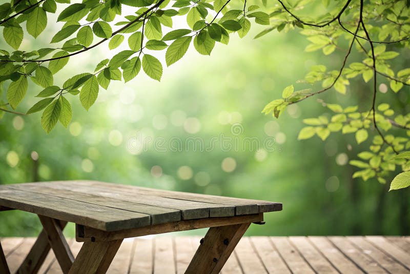 Wooden table. Empty wooden deck table with foliage bokeh background stock illustration