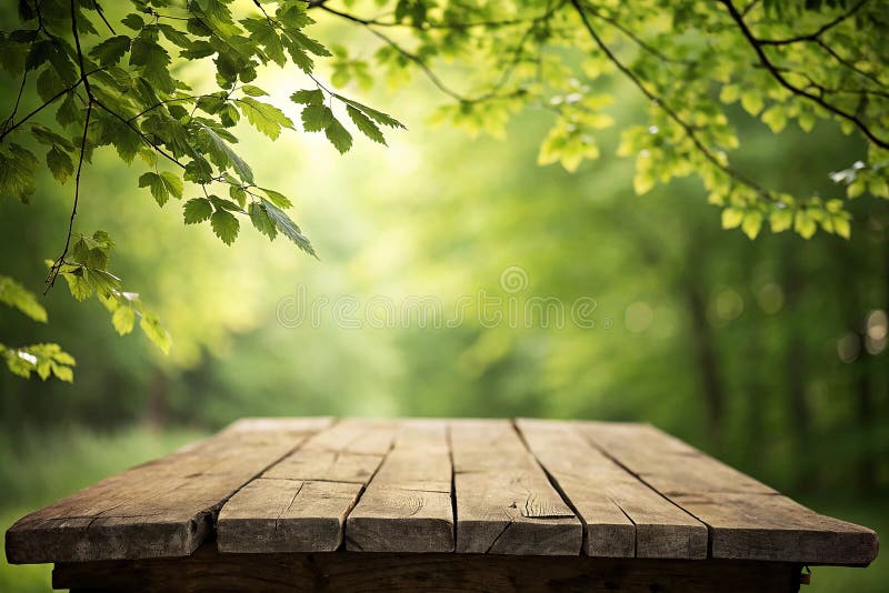 Wooden table. Empty wooden deck table with foliage bokeh background royalty free illustration