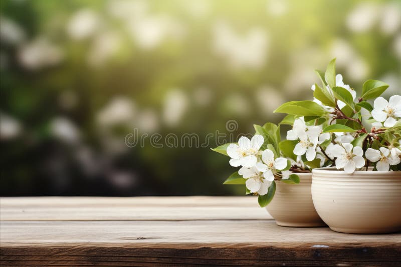 Wooden table with an empty surface scene and a beautifully blurred spring background. Copy space for text vector illustration