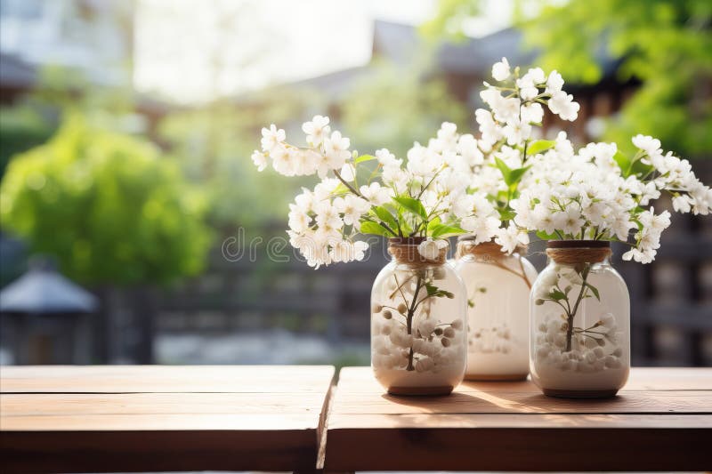 Wooden table with an empty surface scene and a beautifully blurred spring background. Copy space for text stock illustration