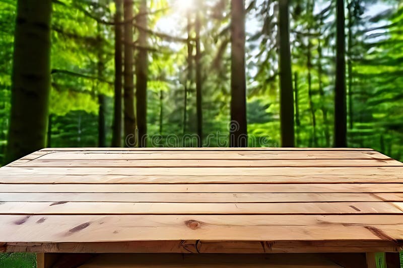 A wooden table in front of trees royalty free stock photography