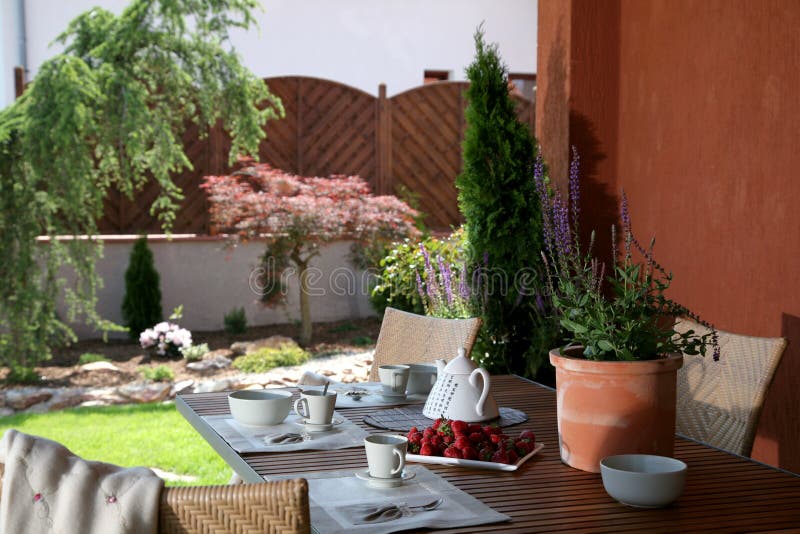 Wooden table in garden