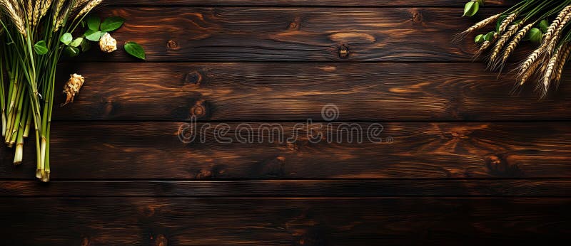 Wooden table with green wheat ears and empty copy space for text, suited for rustic grains and culinary design mockups royalty free stock image
