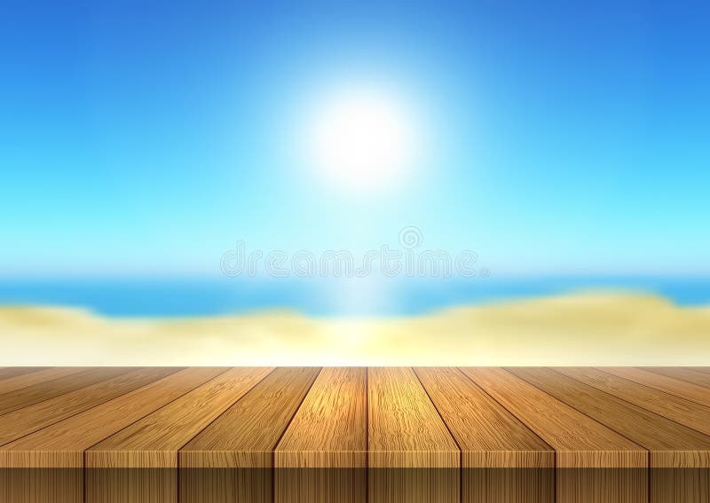 Wooden table looking out to defocussed beach landscape.