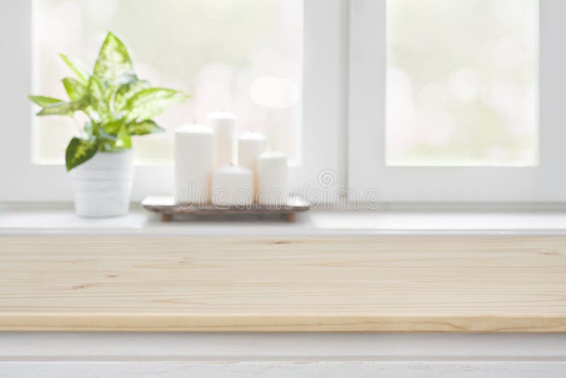 Wooden Table Over Blurred Window Sill Background For Product