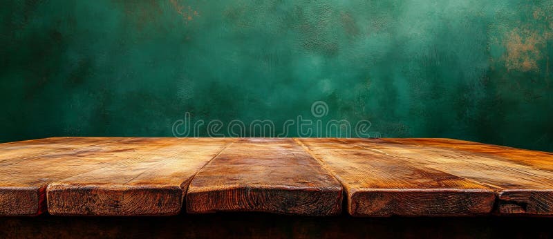A wooden table set against a textured green background, with generous copy space for text or design elements, creating stock photo