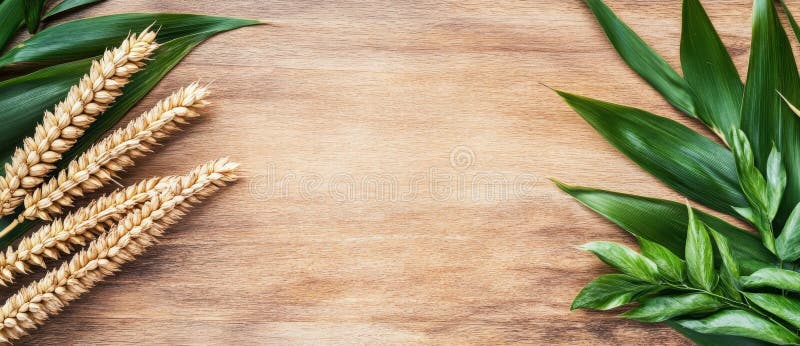 A wooden table showcasing green wheat ears with empty copy space for text, ideal for rustic grains and culinary design stock photo
