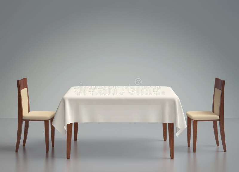 Wooden table with tablecloth and two chairs