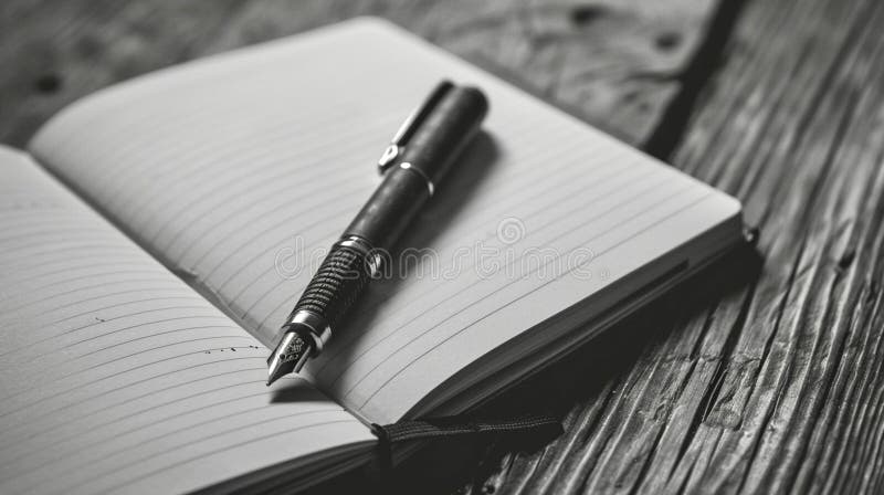 On a wooden table there is an open notebook with no notes and an ink pen, a photo in the style of minimalism and monochrome for the writer&#x27;s day. High quality photo AI generated