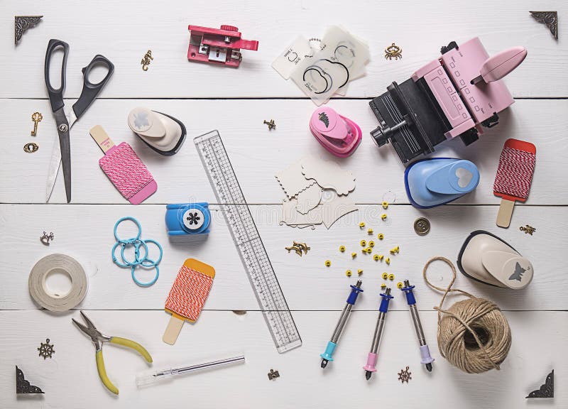 Top view of wooden table with tools for scrapbooking. Cardboard color shapes stock images, royalty-free photos and pictures