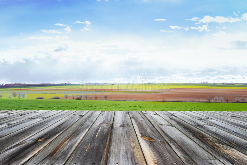 Wooden table top with fresh green field and blue sky in summer. Space for present a product. stock photos Wooden table top with fresh green field and blue sky in summer. Space for present a product. stock photos