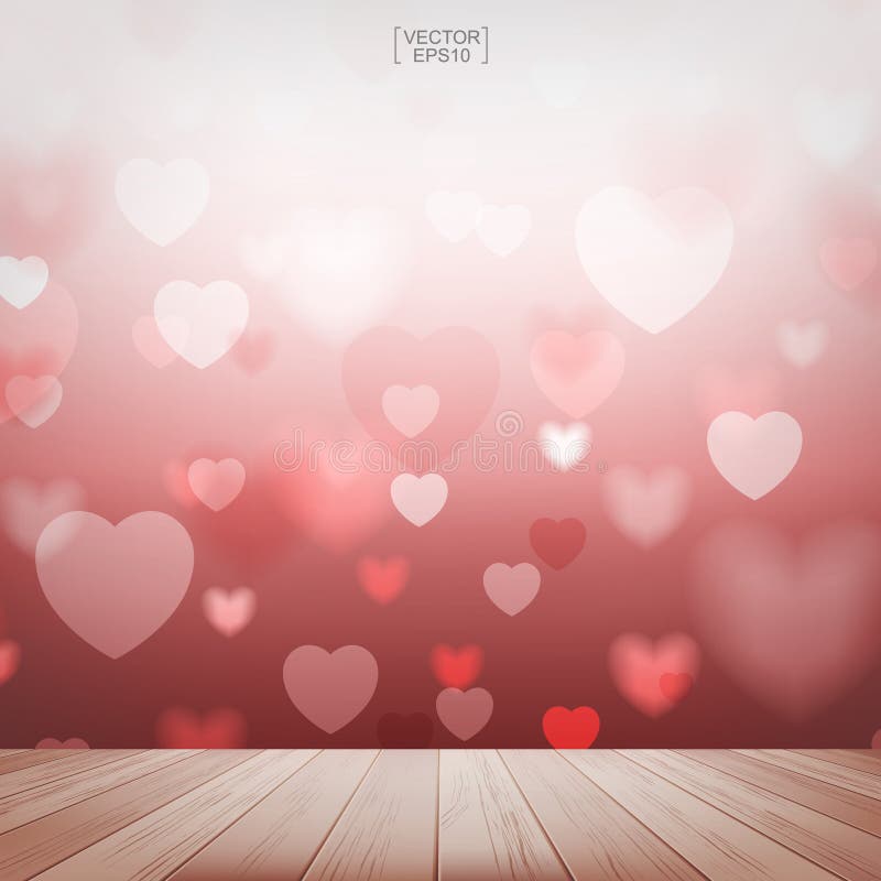 Wooden table top and heart blurred background. Wooden table top and heart blurred background. Vector illustration.